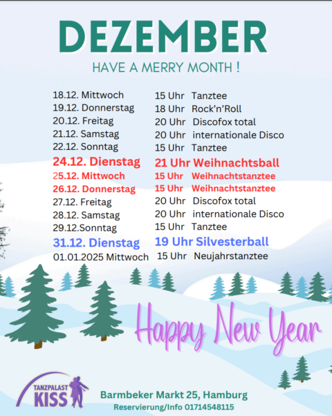 Kalender für Dezember mit Tanzveranstaltungen, frohes neues Jahr, Weihnachts- und Silvesterfeier.